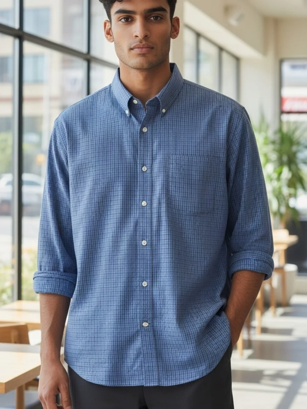 J. Crew Men's Blue Micro-Check Dress Shirt